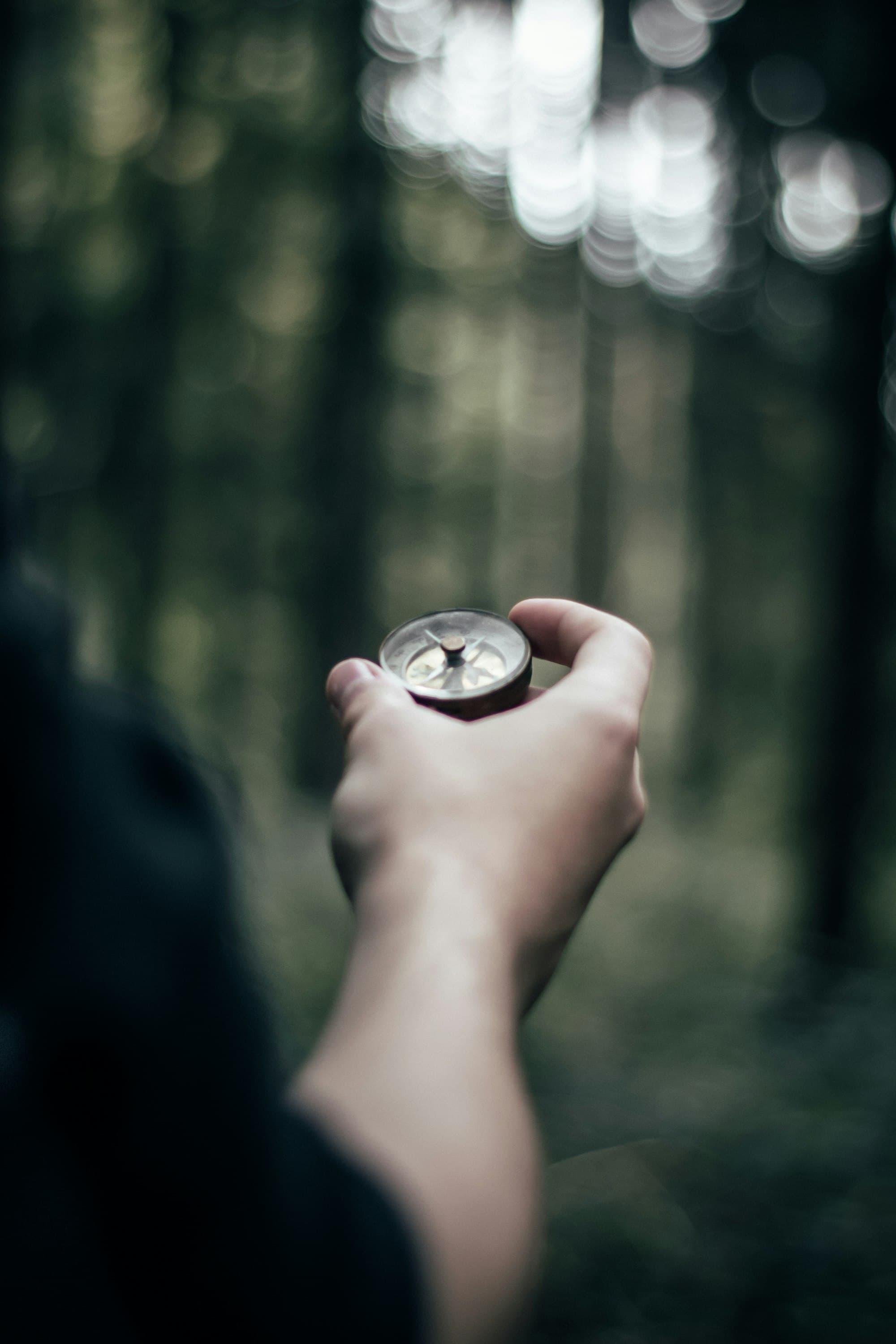 A hand holding a compass in a soft-focus forest.